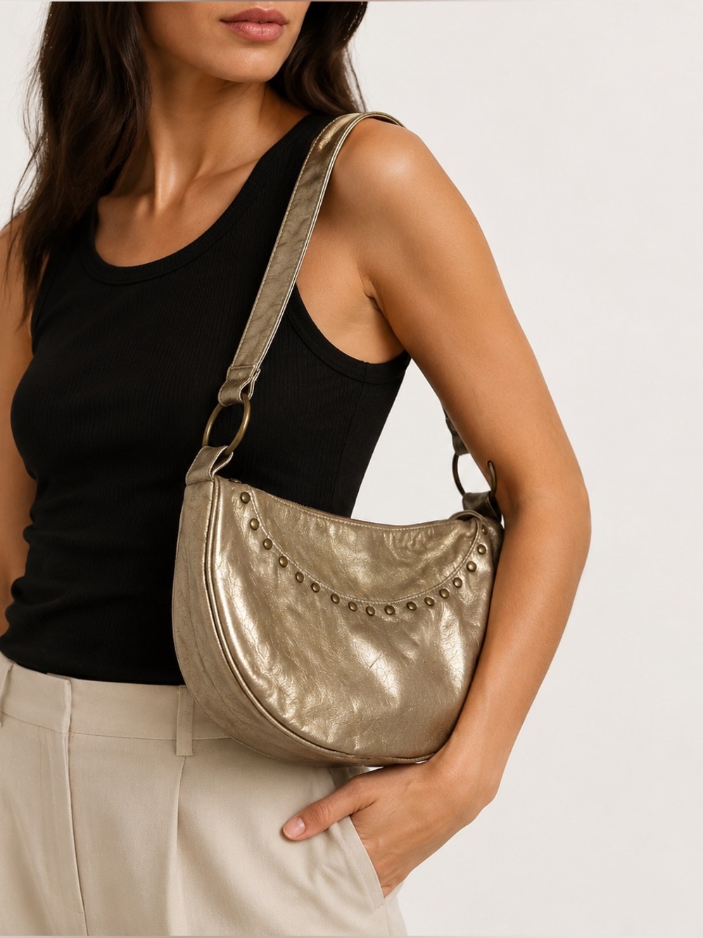 Gold Metallic Studded Half Moon Shoulder Bag Faux Leather Crescent Purse 13”